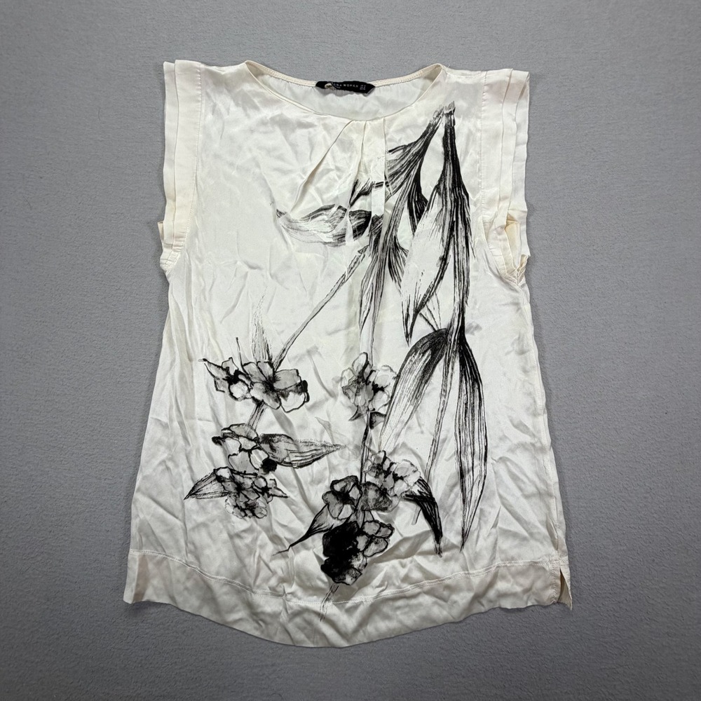 Zara Womens Blouse Regular Off White Black Floral 100% Silk Ruffle M